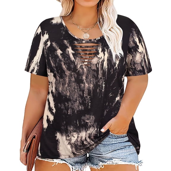 CASSIE LIZ Plus Size Women Shirts Summer Womens Tunics Crewneck Tie Dye Short Sleeve Shirts Cutout Loose Fit Blouses Casual Tees 3XL 22W 24W