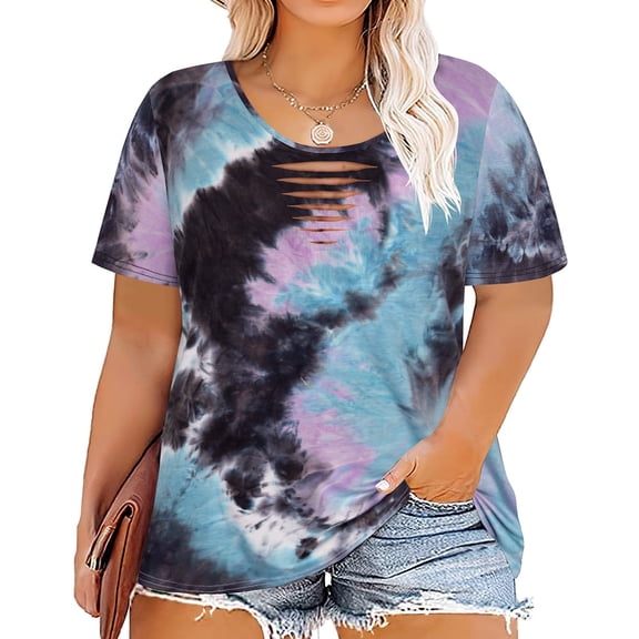 CASSIE LIZ Plus Size Women Summer Tie Dye Short Sleeve Crewneck Blouse Oversized Loose Fit Cutout Tunic Tops XL-5XL