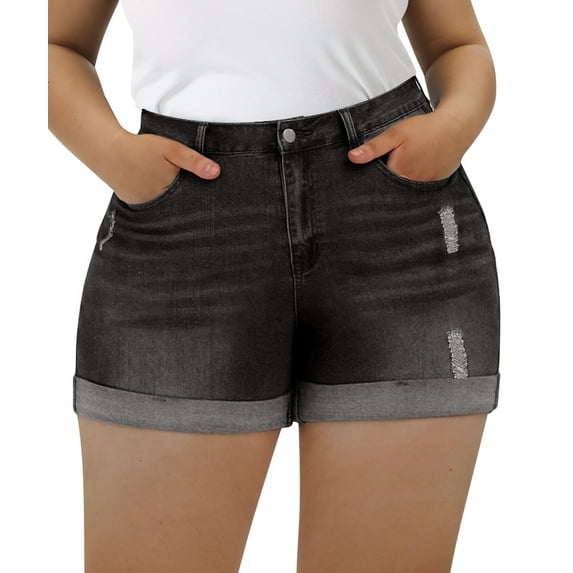 CASSIE LIZ Plus Size Women's Black Elastic Waist Shorts 2X Pocket Casual Washed Ripped Roll Cuff Shorts Jeans Summer Shorts Pants 2XL 18W