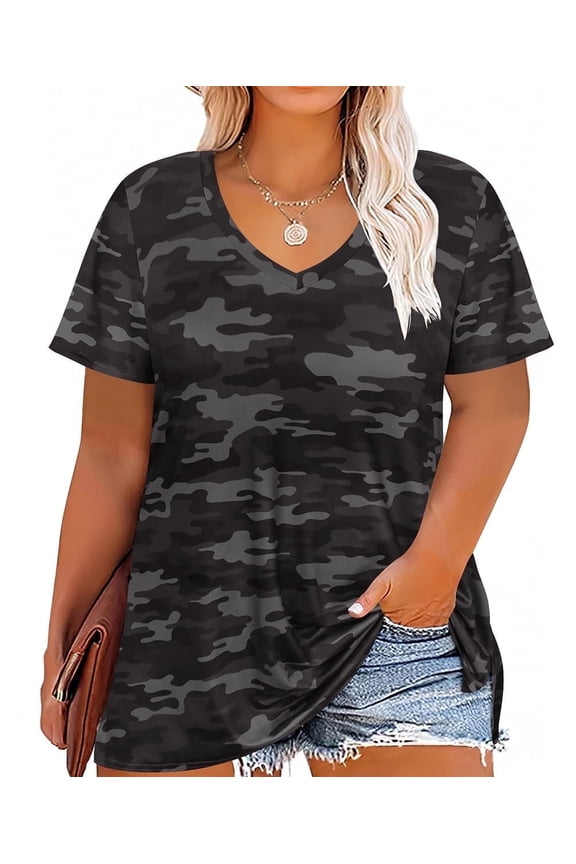Womens Plus Size Tops 2X Summer V Neck Shirts Black Camo Fashion Short Sleeve Tee Loose Fit Tunics Spring Blouses Casual Slit Hem Pullovers 2XL 18W 20W
