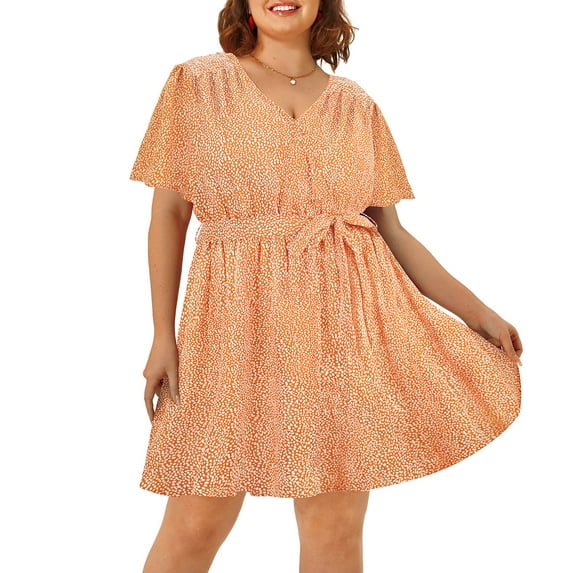 CASSIE LIZ Plus Size Women's Dress 2X Belt Tunic Floral V Neck Dress Orange Short Sleeves Casual Loose Fits Dress For Summer 2XL 18W 20W