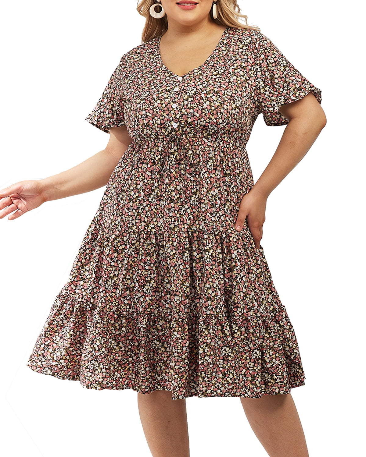 CASSIE LIZ Plus Size Women's Dress 2X Flutter Trim Hem Tunic Dress Polka V Neck Button Detail Dress Brown Flutter Sleeves Dress Casual Loose Fits Dress For Summer 2XL 18W 20W - CASSIE LIZ Plus Size Women's Dress 2X Flutter Trim Hem Tunic Dress Polka V Neck Button Detail Dress Brown Flutter Sleeves Dress Casual Loose Fits Dress For Summer 2XL 18W 20W -