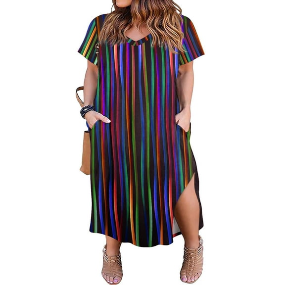 CASSIE LIZ Plus Size Women's Dress 2X Maxi V Neck T Shirt Dress Casual Colorful Striped Short Sleeve Sundress Loose Fit Spring Summer Dress with Pocket 2XL 18W 20W