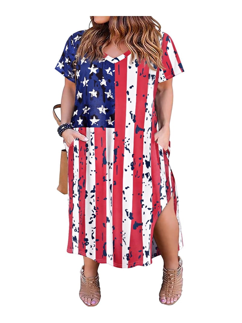 CASSIE LIZ Plus Size Women's Dress 2X Patriotic Maxi V Neck 4th of July T  Shirt Dress Casual American Flag Short Sleeve Sundress Loose Fit Spring  Summer Dress with Pocket 2XL 18W