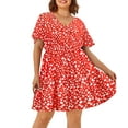 thumbnail image 1 of CASSIE LIZ Plus Size Women's Dress 2X Tunic Polka Dot V Neck Dress Wine Red Short Sleeves Ruffle Hem Dress Casual Loose Fits Dress For Summer 2XL 18W 20W, 1 of 6
