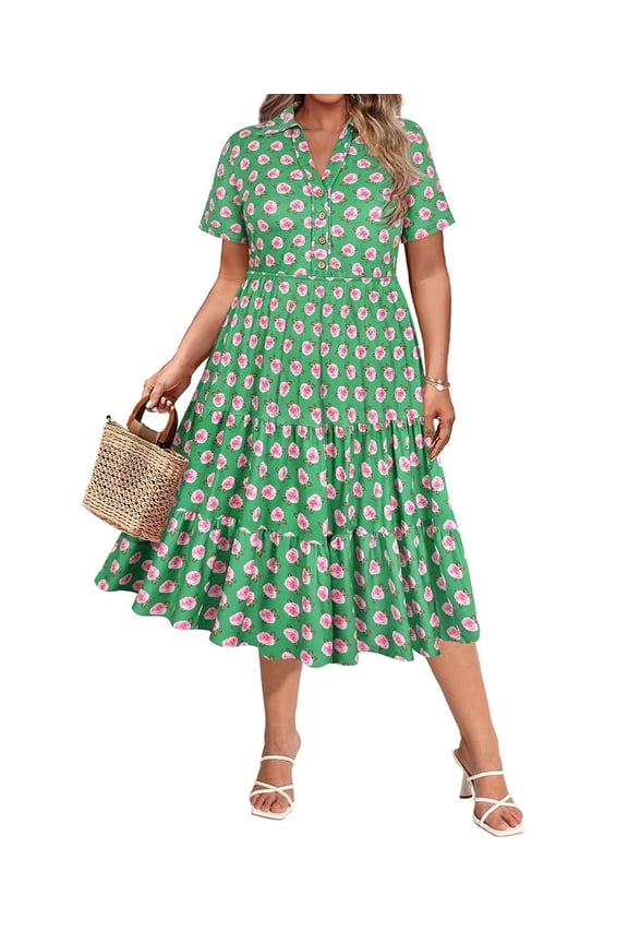 Plus Size Dresses 2X Summer Midi Womens Boho Shirt Dresses Floral Green Short Sleeve Collared V Neck Loose Fit Easter Sun Dresses with Pocket 2XL 18W 20W
