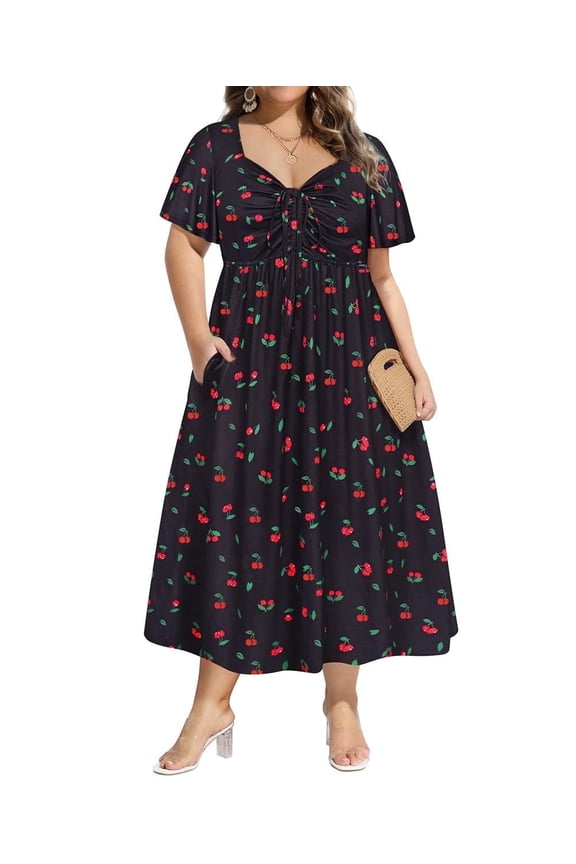 Plus Size Dresses 4X Summer Midi Womens Sun Dresses Black Cherry Print Boho Beach Short Sleeve V Neck Loose Fit Spring Party Dresses with Pocket 4XL 24W 26W