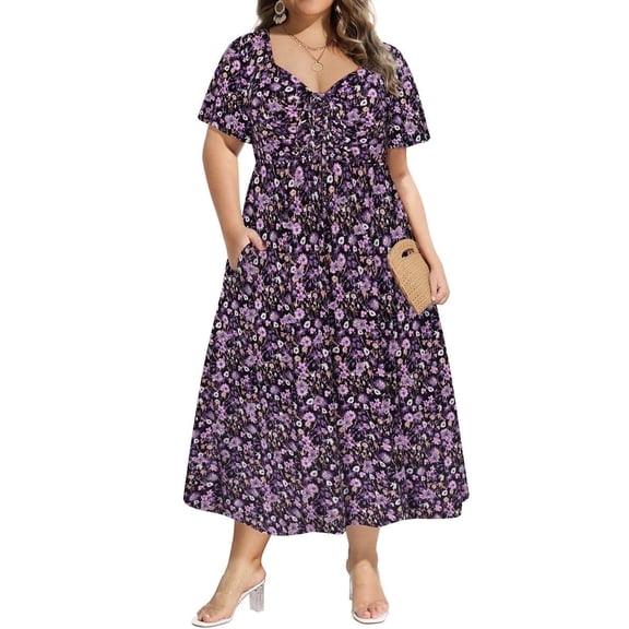 CASSIE LIZ Plus Size Dresses 4X Summer Midi Womens Sun Dresses Purple Floral Boho Beach Short Sleeve V Neck Loose Fit Spring Party Dresses with Pocket 4XL 24W 26W