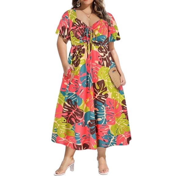 CASSIE LIZ Plus Size Fall Dresses 4X Boho Leaf Print Dresses for Women Fashion Midi Sundresses Short Sleeve Tie Sweetheart V Neck Dresses Loose Fit Summer Dress With Pocket 4XL 24W 26W