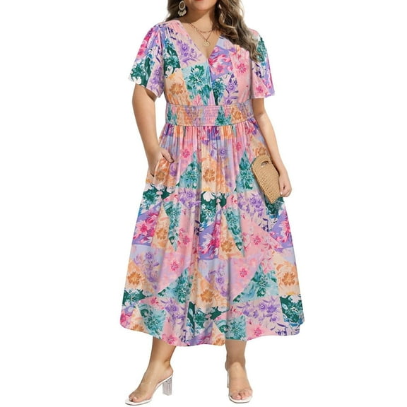 CASSIE LIZ Plus Size Summer Dresses 4X Patchwork Floral Dresses for Women Fashion Midi Sundresses Short Sleeve V Neck Dresses Loose Fit Spring Dress With Pocket 4XL 24W 26W