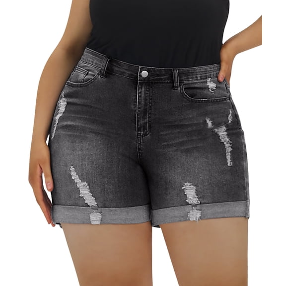 CASSIE LIZ Plus Size Women's Elastic Waist Black Shorts 2X Pocket Casual Destructed Roll Cuff Shorts Jeans Summer Shorts Pants 2XL 20W
