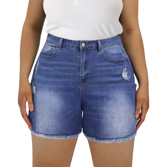 CASSIE LIZ Plus Size Women's Elastic Waist Blue Frayed Hem Shorts 2X Pocket Casual High Rise Destructed Shortie Shorts Jeans Summer Shorts Pants 2XL 20W
