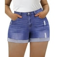 thumbnail image 1 of CASSIE LIZ Plus Size Women's Elastic Waist Blue Shorts 2X Pocket Casual Washed Ripped Roll Cuff Shorts Jeans Summer Shorts Pants 2XL 20W, 1 of 6