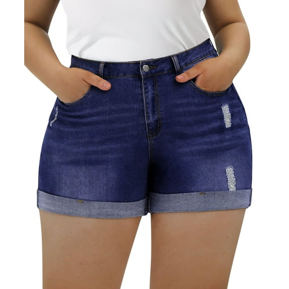 CASSIE LIZ Plus Size Women's Elastic Waist Dark Blue Shorts 2X Pocket Casual Washed Ripped Roll Cuff Shorts Jeans Summer Shorts Pants 2XL 20W