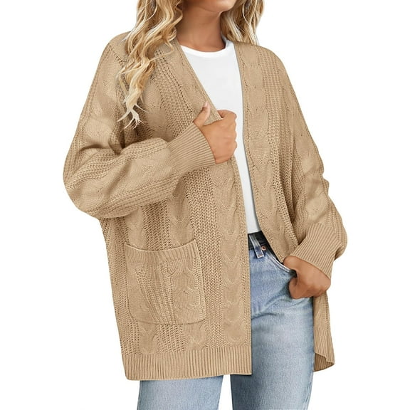 CASSIE LIZ Womens Sweaters Plus Size Fall Cardigans for Women Fashion Beige Open Front Cardigans Casual Winter Long Sleeve Lightweight Knit Holiday Sweaters with Pocket XL 14W-16W