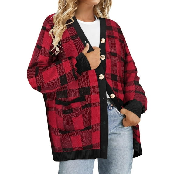 CASSIE LIZ Womens Sweaters Plus Size Fall Cardigans for Women Fashion Red Plaid Open Front Cardigans Casual Long Sleeve Lightweight Knit Holiday Sweaters with Pocket XL 14W-16W