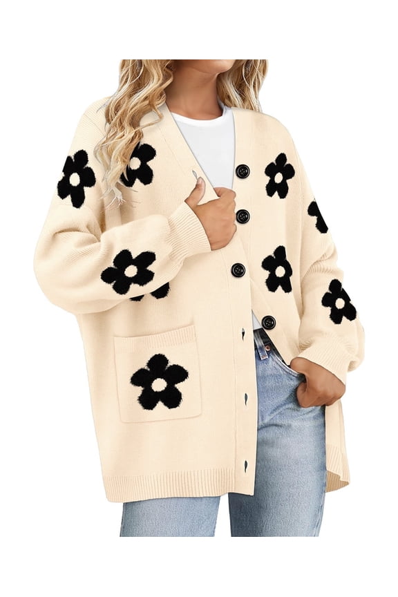 Womens Sweaters Plus Size Fall Cardigans for Women Fashion White Floral Open Front Cardigans Casual Long Sleeve Lightweight Knit Holiday Sweaters with Pocket XL 14W-16W