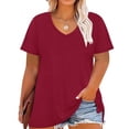 thumbnail image 1 of CASSIE LIZ Womens Plus Size Tops 2X Summer V Neck Shirts Wine Red Fashion Short Sleeve Tee Loose Fit Tunics Spring Blouses Casual Slit Hem Pullovers 2XL 18W 20W, 1 of 7