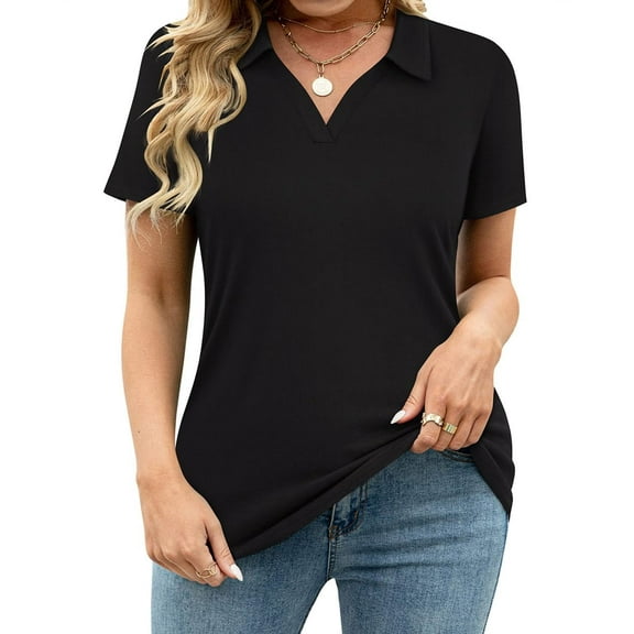 CASSIE LIZ Womens Plus Size Shirts 2X Summer Black Polo Shirts V Neck Ladies Shirts with Collar Fashion Business Short Sleeve Collared Shirts Casual Loose Fit Spring Tops 2XL 18W 20W