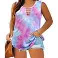 thumbnail image 1 of CASSIE LIZ Plus Size Women's Tie Dye Blue Purple Tank Tops 2X Strappy Hollow-out Neck Sleeveless Pullover Loose Hem Summer Shirts 2XL 18W 20W, 1 of 3