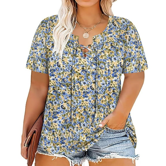 CASSIE LIZ Plus Size Women's Tops Blue Floral 2X Short Sleeve Criss Cross Shirts Fashion V Neck Casual Blouses Pullover Loose Fit Tunics Spring Summer Tee 2XL 18W 20W