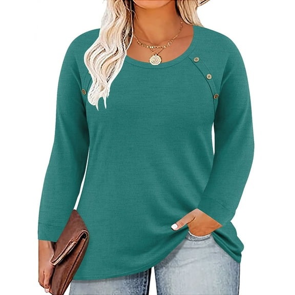 CASSIE LIZ Plus Size Women's Tops Blue Long Sleeve Shirts Round Neck Blouse Solid Striped Loose Fit Spring Tunics Fall Winter Spring Pullover 2XL
