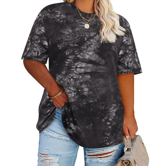 CASSIE LIZ Womens Plus Size Tops 2X Summer Tie Dye Shirts Black Round Neck Fashion Short Sleeve Tee Loose Fit Tunics Spring Oversized Blouses Casual Pullovers 2XL 18W 20W