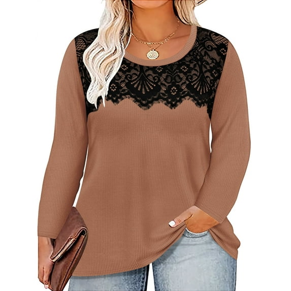CASSIE LIZ Plus Size Shirts 4X Long Sleeve Womens Tops Fall Crew Neck Khaki Sweatshirts Fashion Lace Loose Fit Tunics Winter Blouses Casual Pullovers 4XL 24W 26W