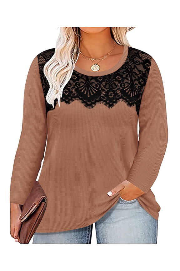 Plus Size Shirts 4X Long Sleeve Womens Tops Fall Crew Neck Khaki Sweatshirts Fashion Lace Loose Fit Tunics Winter Blouses Casual Pullovers 4XL 24W 26W