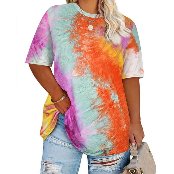 CASSIE LIZ Womens Plus Size Tops 2X Summer Tie Dye Shirts Colorful Round Neck Fashion Short Sleeve Tee Loose Fit Tunics Spring Oversized Blouses Casual Pullovers 2XL 18W 20W