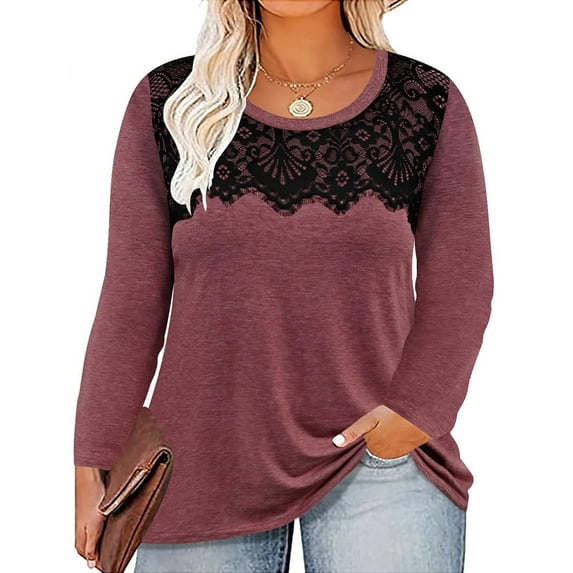 CASSIE LIZ Plus Size Shirts 4X Long Sleeve Womens Tops Fall Crew Neck Brick Red Sweatshirts Fashion Lace Loose Fit Tunics Winter Blouses Casual Pullovers 4XL 24W 26W
