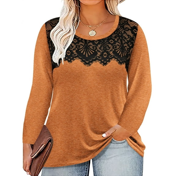 CASSIE LIZ Plus Size Shirts 4X Long Sleeve Womens Tops Fall Crew Neck Orange Sweatshirts Fashion Lace Loose Fit Tunics Winter Blouses Casual Pullovers 4XL 24W 26W