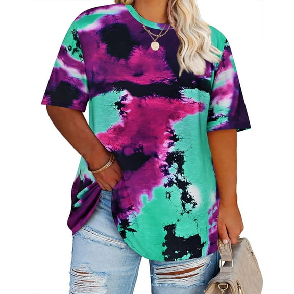 CASSIE LIZ Womens Plus Size Tops 2X Summer Tie Dye Shirts Purple Green Round Neck Fashion Short Sleeve Tee Loose Fit Tunics Spring Oversized Blouses Casual Pullovers 2XL 18W 20W