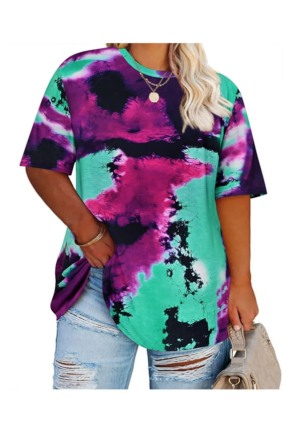 Womens Plus Size Tops 2X Summer Tie Dye Shirts Purple Green Round Neck Fashion Short Sleeve Tee Loose Fit Tunics Spring Oversized Blouses Casual Pullovers 2XL 18W 20W