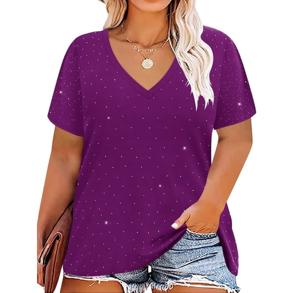 CASSIE LIZ Womens Plus Size Tops 2X Summer V Neck Shirts Purple Sequin Party Short Sleeve Fashion Tee Loose Fit Tunics Spring Blouses Casual Slit Hem Pullovers 2XL 18W 20W