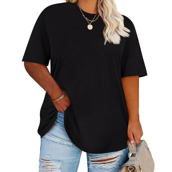 CASSIE LIZ Womens Plus Size Tops 2X Summer Round Neck Shirts Black Fashion Short Sleeve Tee Loose Fit Tunics Spring Oversized Blouses Casual Pullovers 2XL 18W 20W