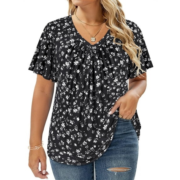 CASSIE LIZ Plus Size Women's Tops Casual White Floral Black Short Sleeve 2X Swing Flowy Blouses Fashion V Neck Casual Pleated Shirts Pullover Loose Fit Tunics Spring Summer Tee 2XL 18W 20W