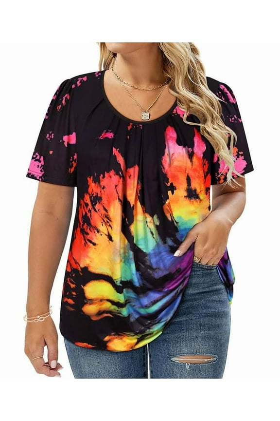 Plus Size Women's Tops Colorful Tie Dye 2X Short Sleeve Blouses Black Base Fashion Swing Crew Neck Pullover Casual Shirts Loose Fit Tunics Spring Summer Tee 2XL 18W 20W