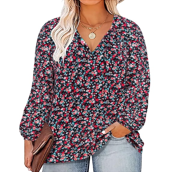 CASSIE LIZ Womens Plus Size Tops 2X Long Sleeve Shirts Fall V Neck Floral Black T Shirts Fashion Drawstring Tunics Loose Fit Summer Blouses Casual Pullovers 2XL 18W 20W