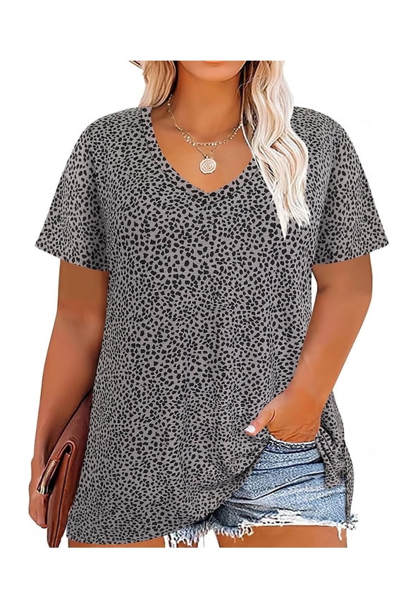 Womens Plus Size Tops 2X Summer V Neck Shirts Gray Leopard Fashion Short Sleeve Cheetah Tee Loose Fit Tunics Spring Blouses Casual Slit Hem Pullovers 2XL 18W 20W