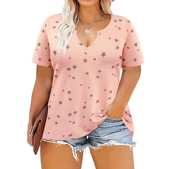CASSIE LIZ Plus Size Women's Tops Pink Star 2X Short Sleeve Blouses Fashion Notch V Neck Pullover Casual Shirts Loose Fit Tunics Spring Summer Tee 2XL 18W 20W