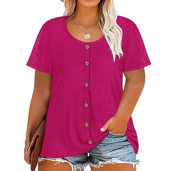 CASSIE LIZ Womens Plus Size Tops 2X Summer Shirts Red Crew Neck Fashion Short Sleeve Tee Loose Fit Tunics Spring Blouses Casual Pullover 2XL 18W 20W
