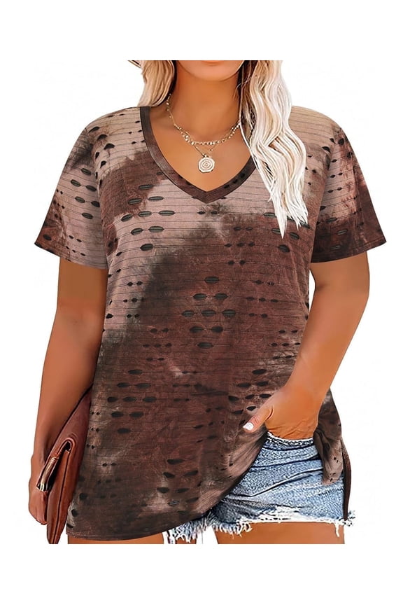 Womens Plus Size Tops 2X Summer Tie Dye Shirts Ripped Brown V Neck Fashion Short Sleeve Tee Loose Fit Tunics Spring Blouses Casual Slit Hem Pullovers 2XL 18W 20W