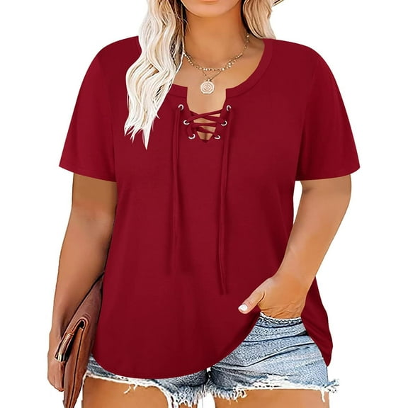 CASSIE LIZ Plus Size Women's Tops Wine Red 2X Short Sleeve Criss Cross Shirts Fashion V Neck Casual Blouses Pullover Loose Fit Tunics Spring Summer Tee 2XL 18W 20W