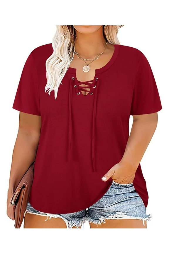 Plus Size Women's Tops Wine Red 2X Short Sleeve Criss Cross Shirts Fashion V Neck Casual Blouses Pullover Loose Fit Tunics Spring Summer Tee 2XL 18W 20W