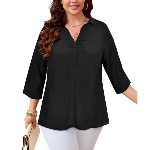 CASSIE LIZ Plus Size Womens Blouses 3X Casual V neck 3/4 Sleeve Tops With Black Pattern Business Casual Office Work Blouse 3XL 22W 24W