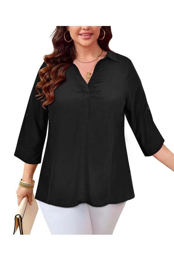 Plus Size Womens Blouses 3X Casual V neck 3/4 Sleeve Tops With Black Pattern Business Casual Office Work Blouse 3XL 22W 24W