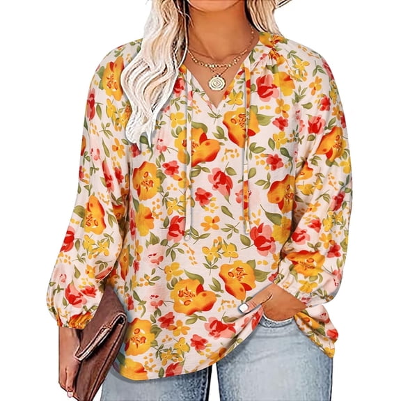CASSIE LIZ Plus Size Womens Blouses 3X Yellow Long Sleeve Boho Tops V Neck Chiffon Shirts Elegant Business Fall Shirts with Drawstring Neckline 3XL 22W 24W