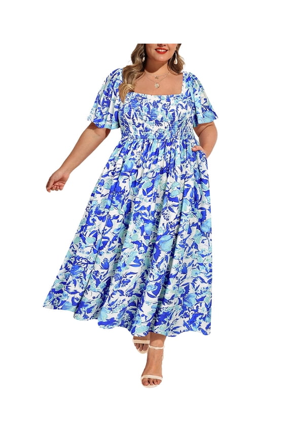 Plus Size Womens Dresses 2X Square Neck Floral Print Short Sleeve Maxi Dress Summer Spring Derss with Pocket Party Wedding Guest Dress 2XL 18W 20W