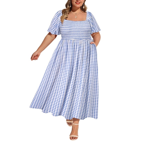 CASSIE LIZ Plus Size Womens Dresses 2X Square Neck Plaid Maxi Dress Curvy Silhouette with Pockets Summer Spring Party Beach Holiday Dress 2XL 18W 20W